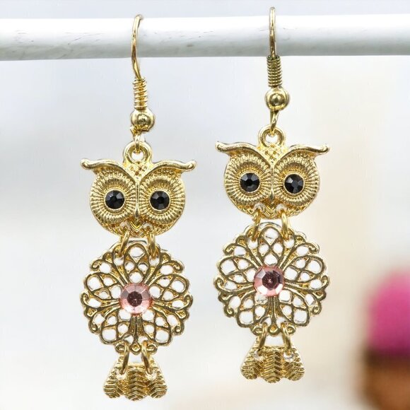 Gold Owl Drop Earrings - Picture 3 of 4